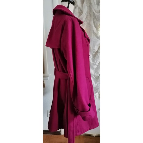 Women Pea Coat Wool Blend SZ Large Double Breast Belted Purple - Picture 2 of 3